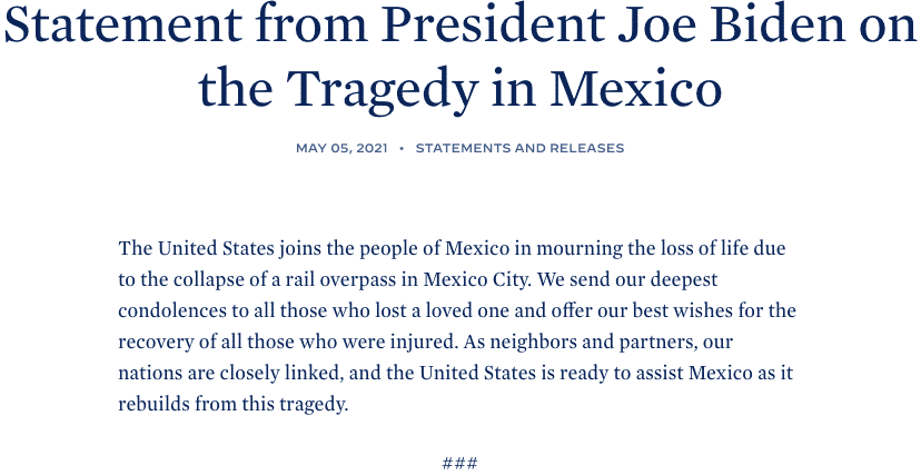 La Casa Blanca publicó una declaración del presidente de Estados Unidos, Joe Biden, sobre la tragedia de la Línea 12 del Metro de la Ciudad de México. Foto: Especial