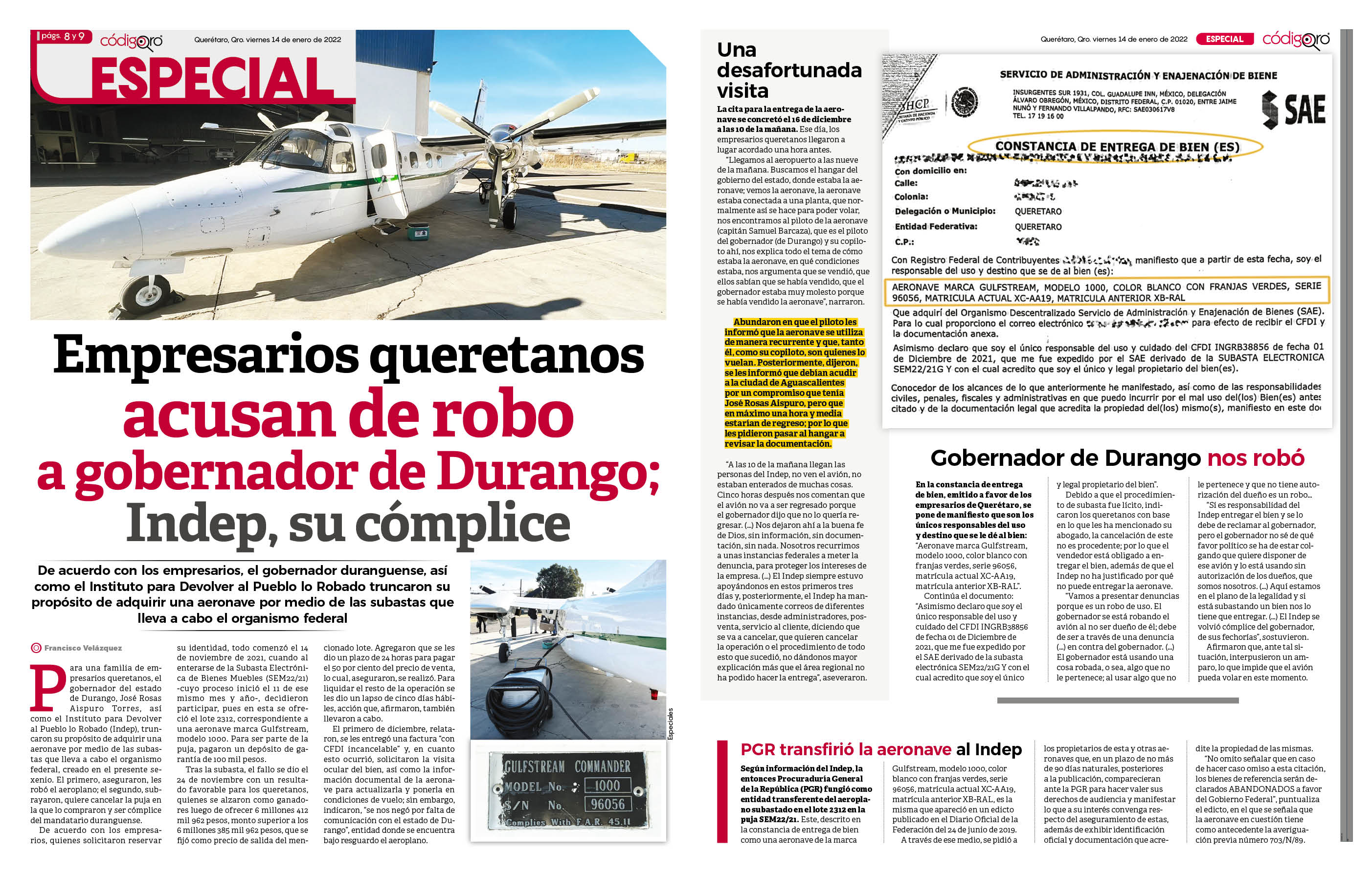 Empresarios queretanos acusan de robo a gobernador de Durango; Indep, su cómplice