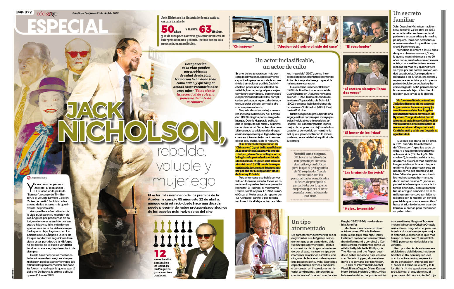 Jack Nicholson, rebelde, voluble y mujeriego