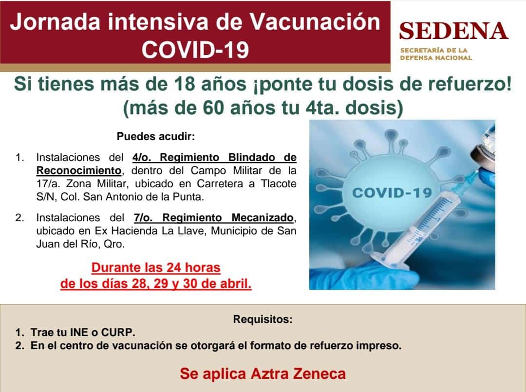 Jornadas de vacunación contra COVID-19 las 24 horas en Querétaro y San Juan del Río. Foto: Especial