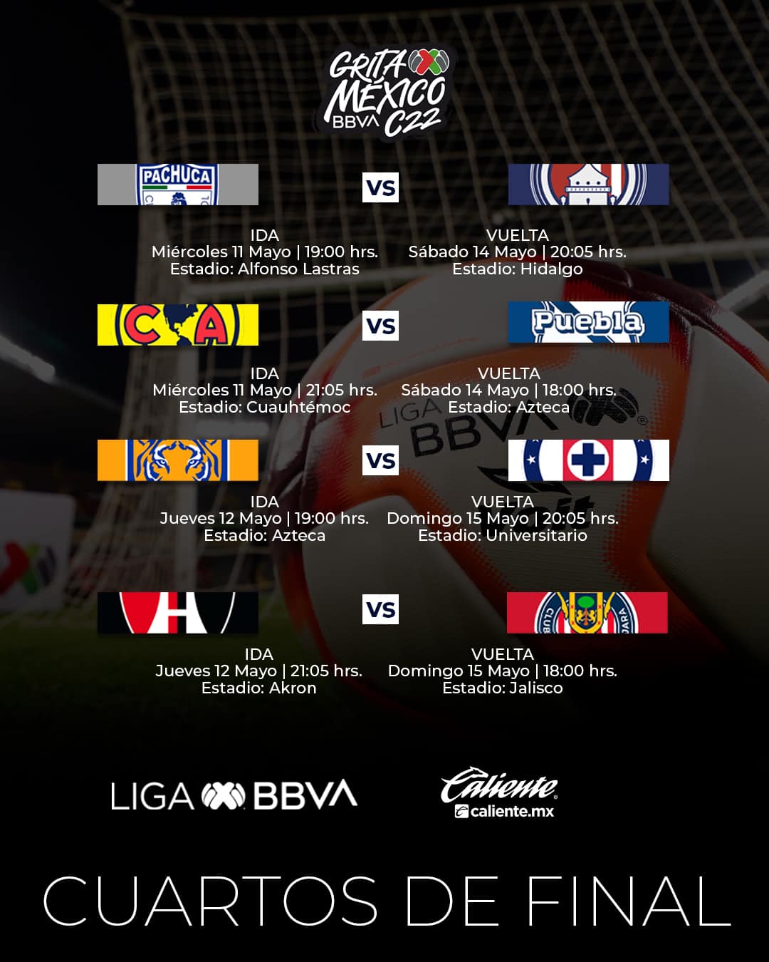 Listas las fechas y los horarios para los partidos de cuartos de final del Clausura 2022