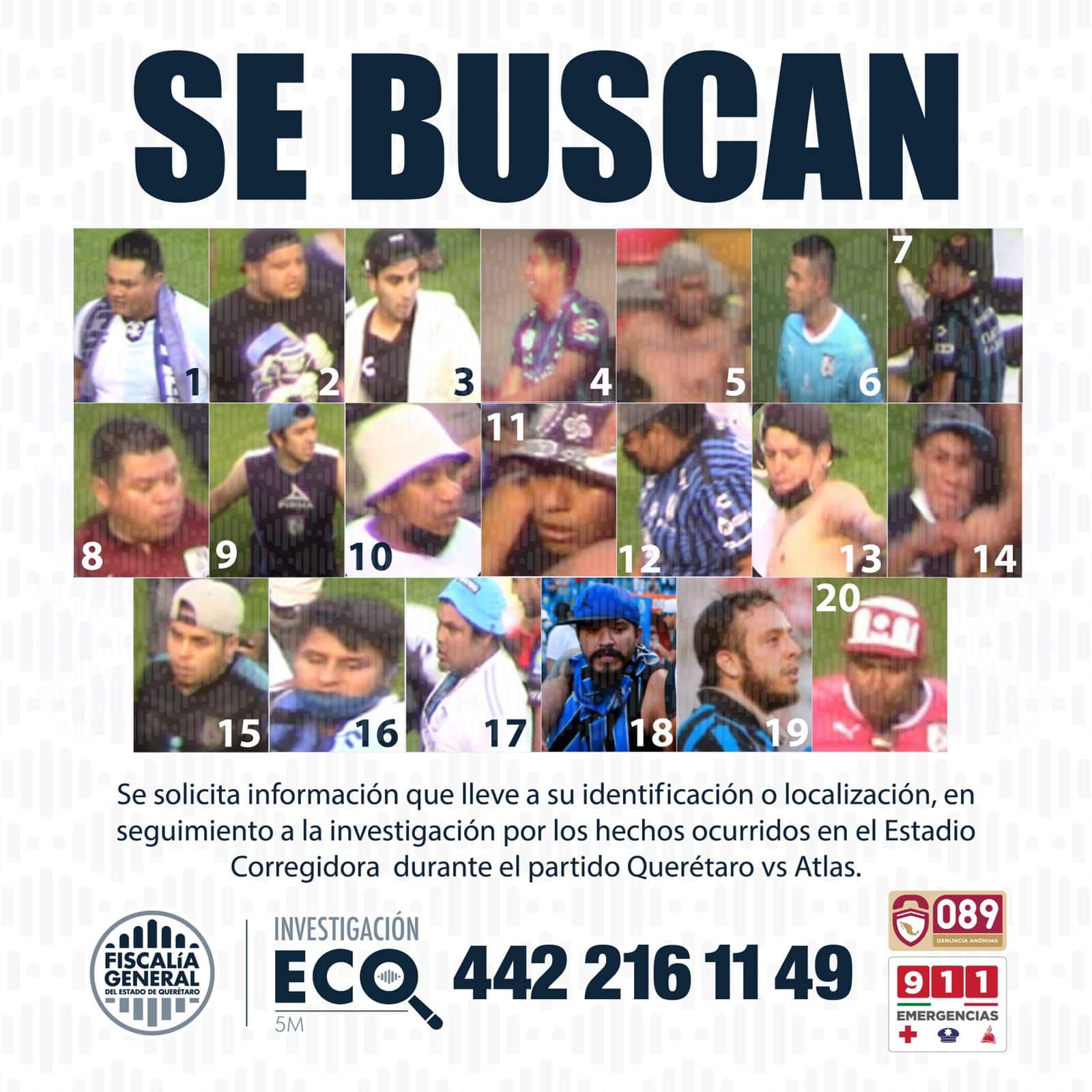 La Fiscalía General del Estado pidió la colaboración de la ciudadanía para identificar a 20 personas más, quienes aparecen en nuevos videos sobre los hechos ocurridos el 5 de marzo, en el partido Querétaro vs Atlas