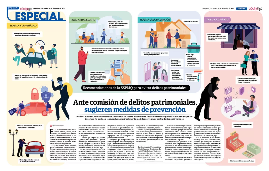 Desde el Buen Fin y durante toda esta temporada de fiestas decembrinas, la Secretaría de Seguridad Pública Municipal de Querétaro ha pedido a la ciudadanía que implemente medidas preventivas contra delitos patrimoniales