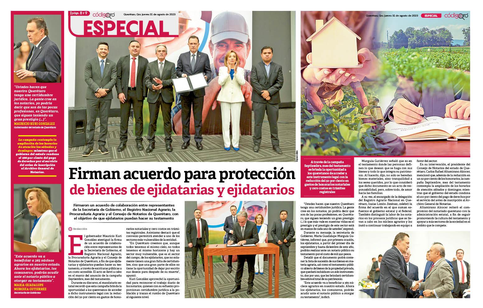 Firman acuerdo para protección de bienes de ejidatarias y ejidatarios