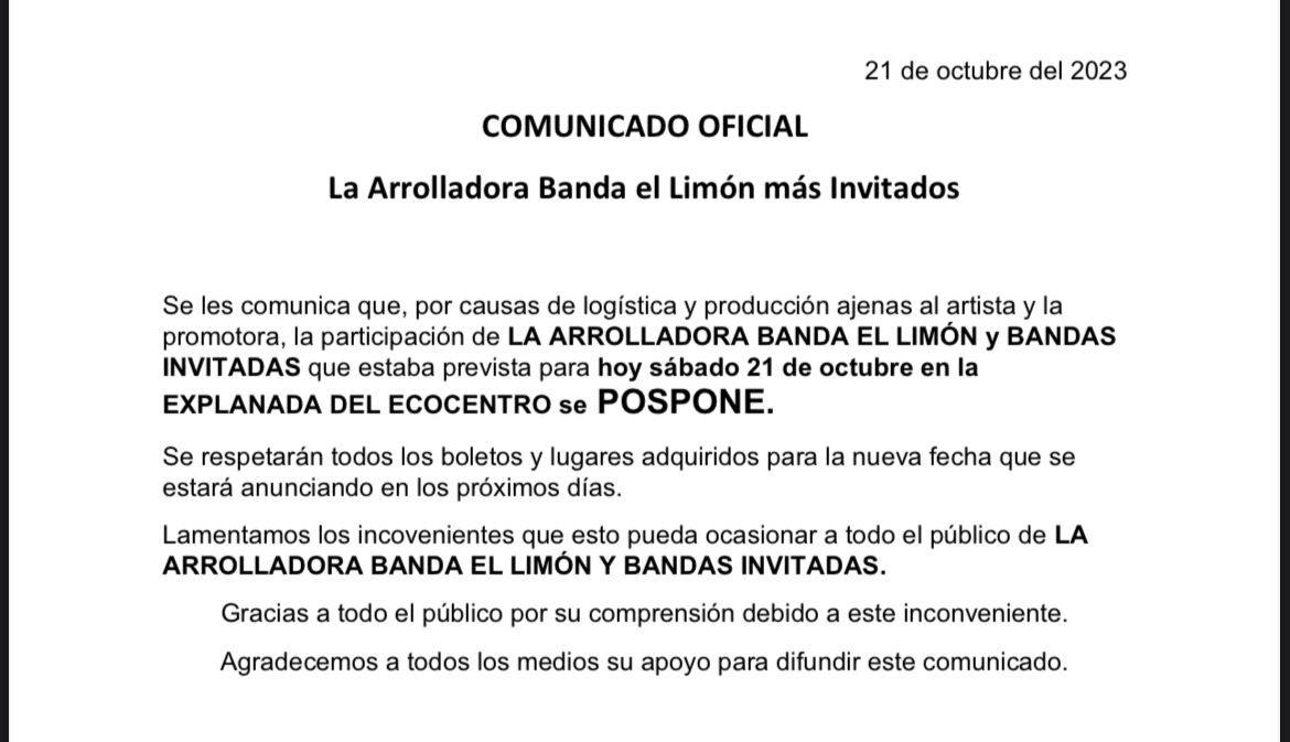 Comunicado oficial de la Arrolladora Banda El Limón. Foto: Especial