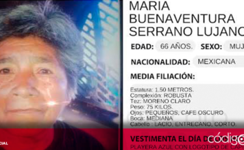 La Fiscalía del Estado activó el Protocolo Alba para localizar a María Buenaventura Serrano Lujano, y solicita a la población en general proporcionar cualquier información para dar con su paradero