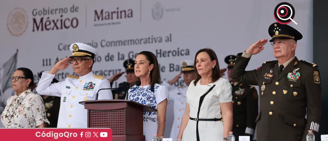 La presidenta de México, Claudia Sheinbaum, encabezó el aniversario de la defensa de Veracruz. Foto: Especial
