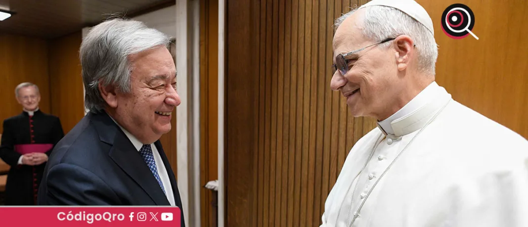 Tanto el pontífice como el secretario general intercambiaron opiniones sobre cuestiones de paz, seguridad internacional y prioridades globales / Foto: Cortesía